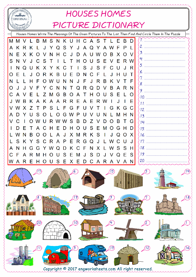  For kids, check the picture of Houses Homes find, and write the word and find it in the word puzzle ESL printable worksheet. 